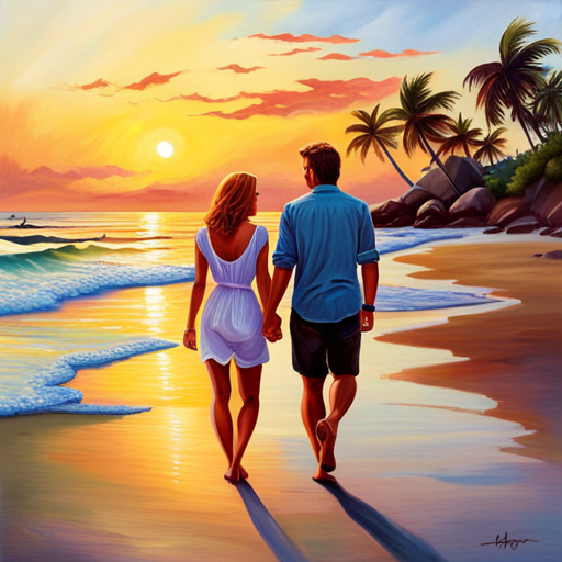 An image of two friends, arms linked, strolling along a serene beach at sunset