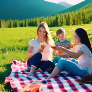 An image showcasing a picturesque picnic in a lush, sun-drenched meadow