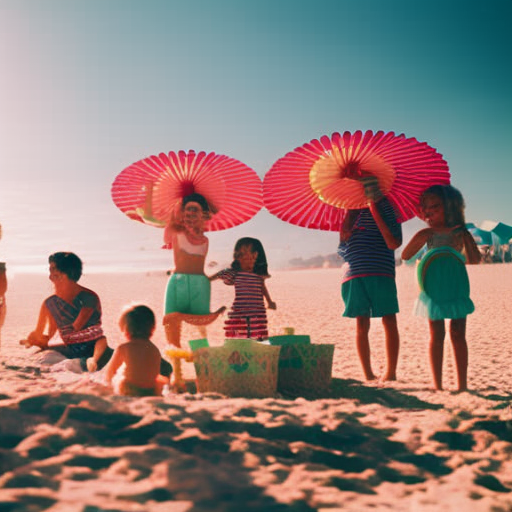 An image showcasing a vibrant beach scene with a joyful family playing in turquoise waves, building sandcastles, and picnicking under colorful parasols, radiating pure delight and togetherness