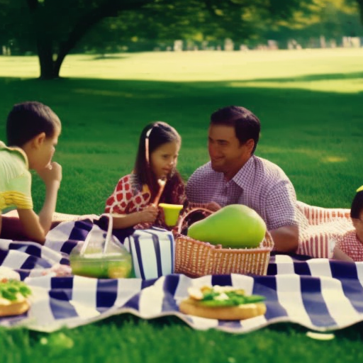  the essence of a perfect family picnic in the park: a checkered blanket spread across lush green grass, colorful striped umbrellas protecting from the sun, a picnic basket overflowing with sandwiches, fruits, and refreshing lemonade