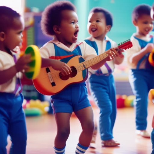 An image showcasing a group of smiling infants engaging in a vibrant musical session, surrounded by colorful instruments and toys