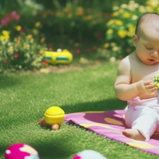 An image showcasing an adorable infant sitting on a soft picnic blanket in a lush green park, surrounded by colorful toys, while joyfully exploring a sensory garden filled with vibrant flowers, textured plants, and a gentle bubbling fountain