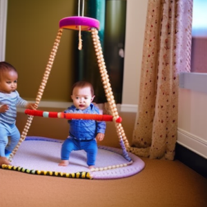 An image showcasing a colorful, interactive play mat filled with soft plush toys, hanging mobiles, and a mirror, encouraging infants to explore, reach, and develop their cognitive and motor skills