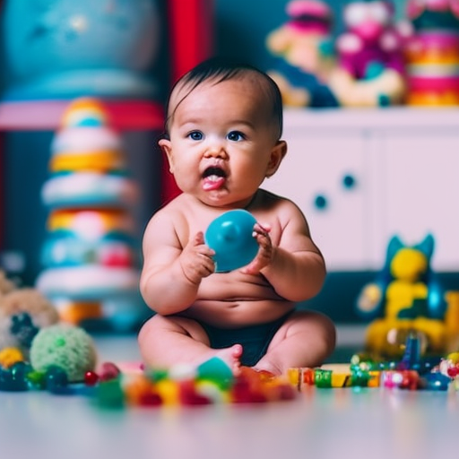 An image showcasing a curious infant sitting surrounded by a variety of brightly colored and textured interactive toys