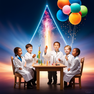 An image featuring a group of children wearing lab coats, holding colorful test tubes and magnifying glasses, surrounded by bubbling beakers, erupting volcano, and floating balloons filled with vinegar and baking soda