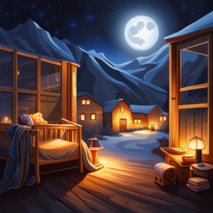 An image depicting a serene nighttime scene, with a baby peacefully sleeping in a cozy crib adorned with soft blankets and a calming nightlight; the room is bathed in a gentle, warm glow