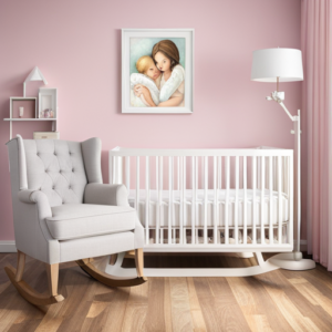 An image that showcases a cozy, pastel-colored nursery with a rocking chair draped in a soft blanket