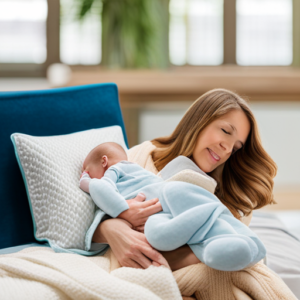 An image featuring a serene new mom surrounded by thoughtful gifts: a cozy blanket, a nursing pillow, a baby carrier, a sleep mask, and a journal, all reflecting the warmth and support she deserves