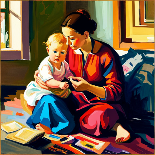 An image of a mother and baby sitting cross-legged on a soft, vibrant rug, engrossed in painting colorful strokes on a canvas together, surrounded by natural light streaming through a large window