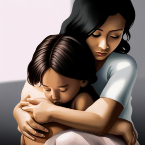 Create an image depicting a mother cradling her baby in her arms, both dressed in somber attire