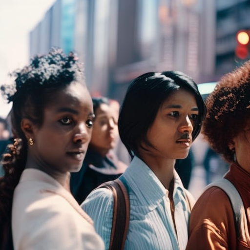 An image showcasing a diverse group of travelers standing close together, forming a protective circle, their faces expressing determination and vigilance, as they navigate a bustling city street