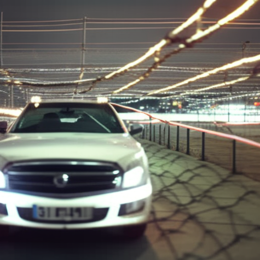 An image depicting a car parked in a well-lit, monitored parking lot with security cameras, surrounded by a fence topped with barbed wire