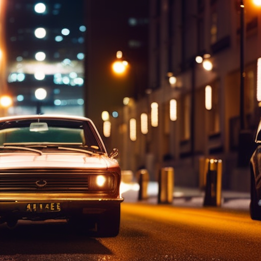 An image featuring a car driving confidently along a well-lit street, steering clear of dimly lit alleyways and deserted areas