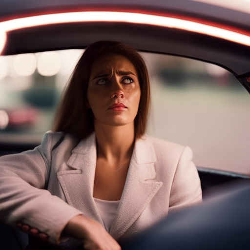 An image showcasing a worried woman sitting in her car, glancing anxiously at her surroundings while gripping the steering wheel tightly