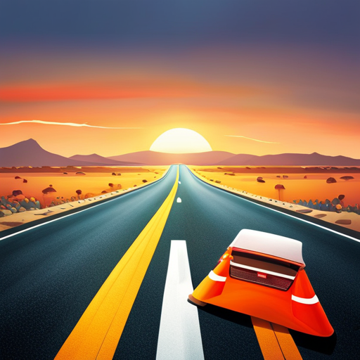 An image of a sunset-lit road, lined with caution signs and traffic cones, leading to a distant horizon