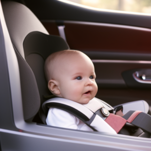An image showcasing the progression of car seat stages, starting with a rear-facing infant seat, transitioning to a forward-facing toddler seat, and culminating in a booster seat with a seatbelt, emphasizing safety and growth