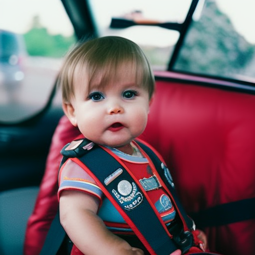 An image showcasing a toddler securely fastened in a five-point harness seat, with adjustable shoulder and waist straps, providing maximum protection during car rides