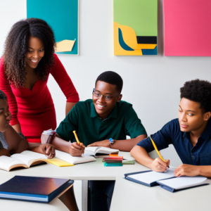 An image of a diverse group of motivated teenagers, sitting at a study table, surrounded by books, laptops, and colorful stationery