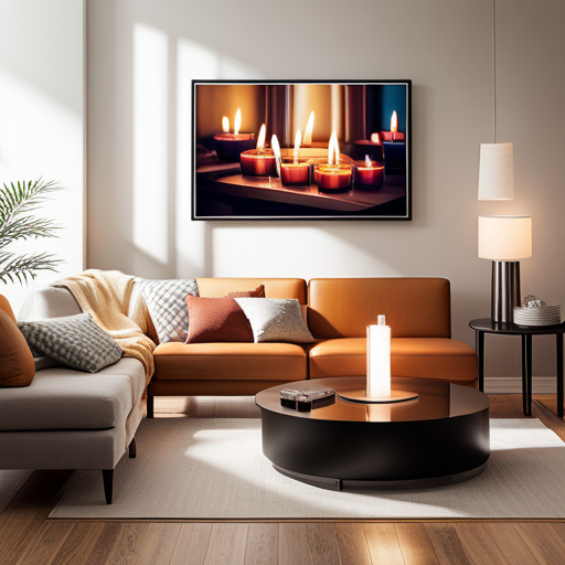 An image capturing a cozy living room with warm hues, soft cushions, and flickering candles