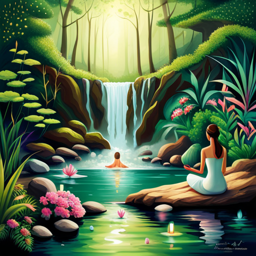 An image featuring a serene spa-like setting with a woman practicing mindfulness, surrounded by calming colors and elements like a soothing waterfall, candles, and lush greenery, symbolizing self-care and mental well-being during the challenging journey of infertility