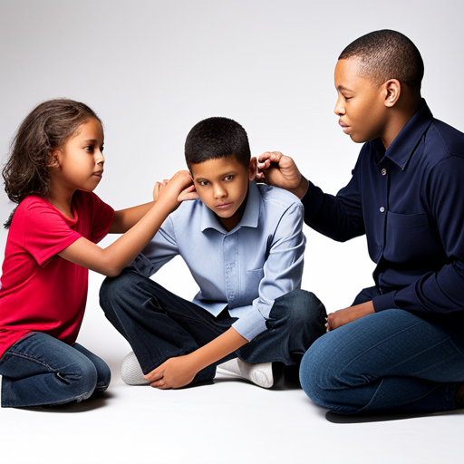 An image showcasing a concerned parent, siblings engaged in a physical fight, while a professional family therapist sits nearby, offering guidance and support, emphasizing the importance of seeking professional help for resolving sibling conflicts