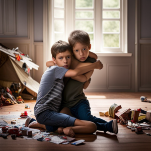 An image that captures the chaotic intensity of a sibling physical fight: two children locked in a fierce struggle, arms flailing, faces contorted with anger, and a room in disarray with overturned furniture and scattered toys