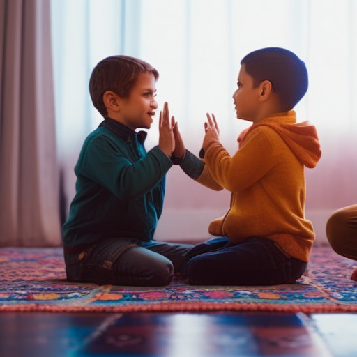 An image of two children sitting cross-legged on a colorful rug, engrossed in a calm conversation