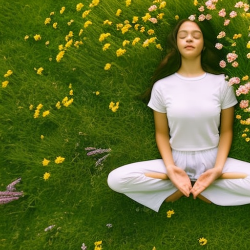 An image of a serene teenager sitting cross-legged on a grassy hill, surrounded by blooming wildflowers