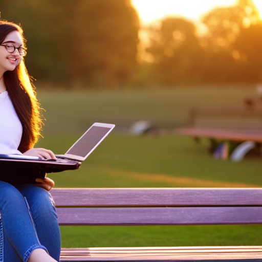 An image of a teenage student sitting on a park bench, surrounded by books and a laptop, with a serene sunset backdrop