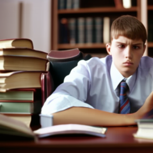 An image depicting a teenager sitting at a cluttered desk, shoulders slumped, surrounded by towering stacks of books and binders, a clock ticking ominously in the background, while a concerned parent stands nearby with a sympathetic expression