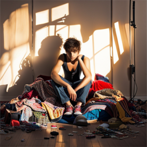An image depicting a teenager sitting alone on a colorful, disheveled bed, surrounded by scattered clothes and torn music posters