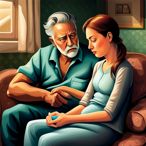 An image depicting a concerned adult sitting on a cozy couch, leaning in attentively towards a vulnerable teen who is holding their arm, showcasing a series of faded scars