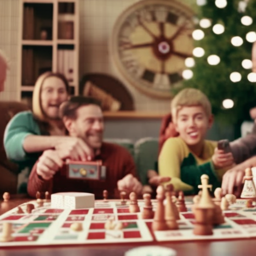An image featuring a cozy living room scene with a wooden coffee table adorned with a variety of classic board games, surrounded by a diverse group of family members, joyfully engaged in friendly competition, laughter filling the air