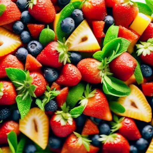 An image showcasing a vibrant fruit platter with a colorful assortment of sliced strawberries, juicy orange wedges, succulent watermelon chunks, and refreshing blueberries, all arranged on a bed of lush green leaves