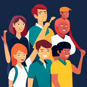 An image depicting a diverse group of teenagers engaged in various activities that promote self-confidence: a girl confidently speaking on stage, a boy mastering a new skill, and others smiling while working together on a project