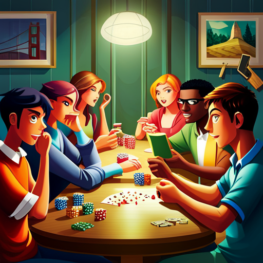 An image showcasing high-schoolers engrossed in a thrilling game night, surrounded by a vibrant array of board games, card decks, and dice