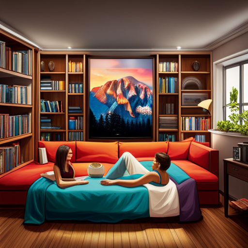 An image showcasing a cozy living room with a wide-screen TV, surrounded by a group of high-schoolers