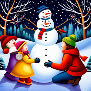An image showcasing a lively family building a snowman in a picturesque winter wonderland