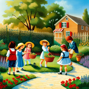 An image showcasing a joyful scene of children, clad in gardening attire, giggling as they nurture vibrant vegetables and aromatic herbs in a sun-kissed backyard