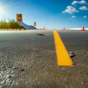 An image of a sweltering asphalt road, shimmering under the scorching sun, with a parked car surrounded by warning signs, its interior filled with suffocating heat, emphasizing the danger of leaving pets or children unattended