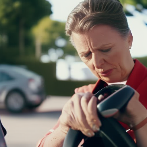 An image showcasing a concerned parent installing a smart car seat sensor, with a vibrant background of a sunny parking lot