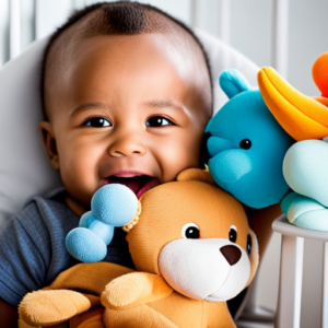 An image of a peaceful nursery scene with a baby's mouth approaching a teething toy, surrounded by soft, colorful stuffed animals