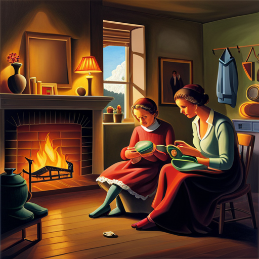 An image of a cozy living room with a couple sitting by a fireplace, engrossed in their respective hobbies - one knitting, the other painting - as the warm glow illuminates their content and focused expressions