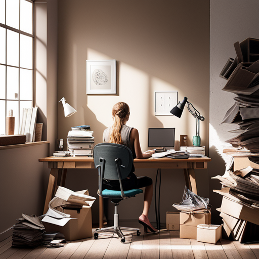 An image of a woman sitting at a desk, surrounded by a cluttered workspace filled with work-related documents, while a neglected hobby, represented by a dusty guitar, leans against the wall, symbolizing the challenge of finding a balance between career and personal interests