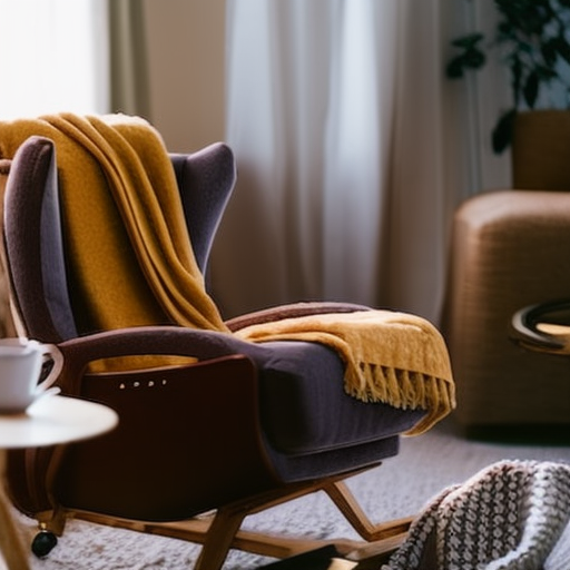 An image showcasing a cozy Ikea Glider adorned with a plush seat cushion, a soft blanket draped over the backrest, and a side table with a warm cup of tea resting on it