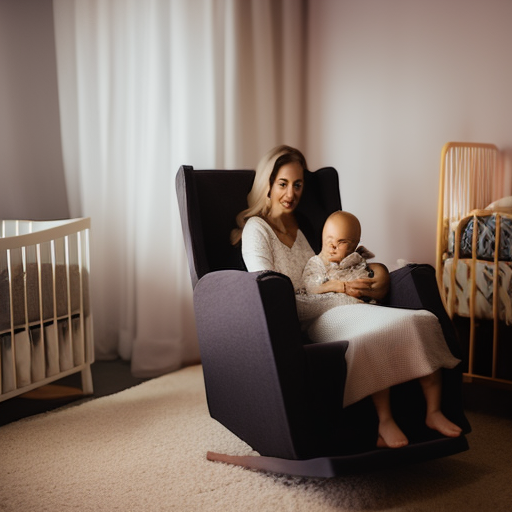 An image showcasing a serene and cozy scene in an Ikea nursery chair, with a mother comfortably nursing her baby, surrounded by soft pillows, a dimmed lamp, and a side table with essentials within easy reach