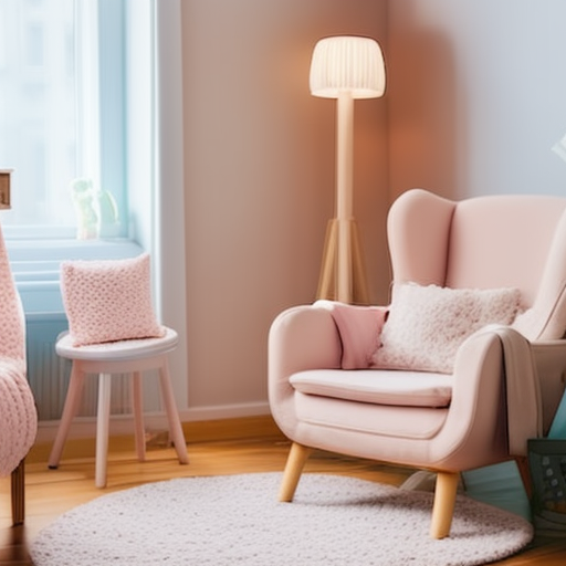 An image showcasing a cozy Ikea nursery chair in a bright, airy room with pastel-colored walls, adorned with plush cushions and a soft blanket