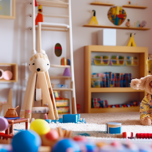 An image of a cozy playroom bathed in warm natural light, filled with open-ended toys, books, and art supplies neatly organized on low shelves