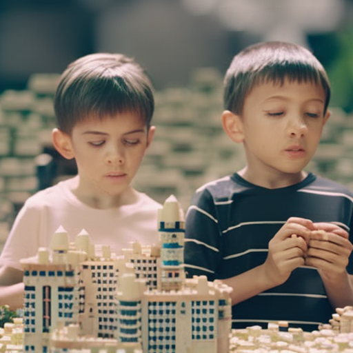 An image showcasing two children engrossed in a make-believe world, constructing a towering castle with blocks, their faces filled with wonder and concentration