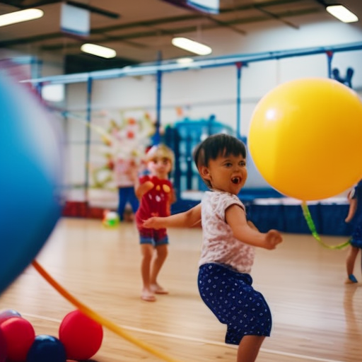 An image capturing the excitement of preschoolers playing balloon volleyball indoors